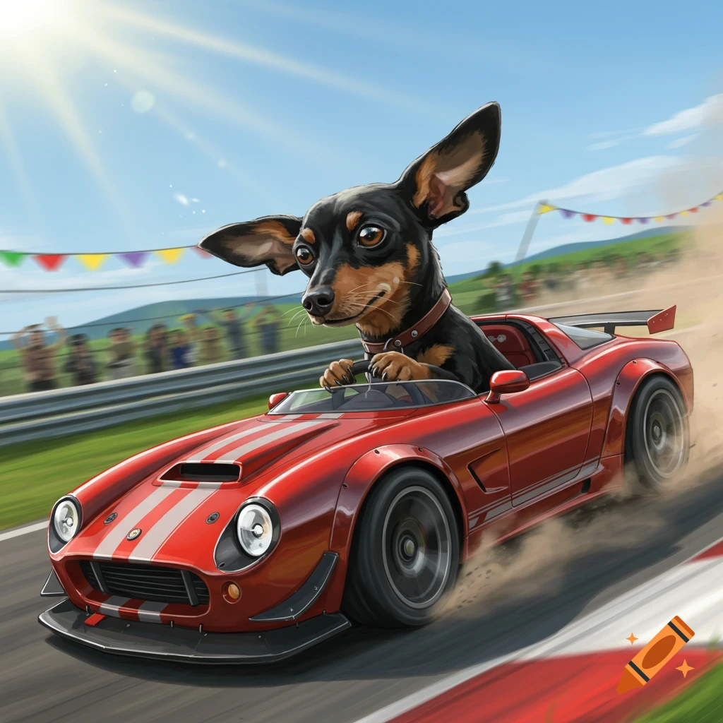 A small black and brown chihuahua-dachshund mix dog drives a red race car on a track, kicking up dust under a sunny sky.