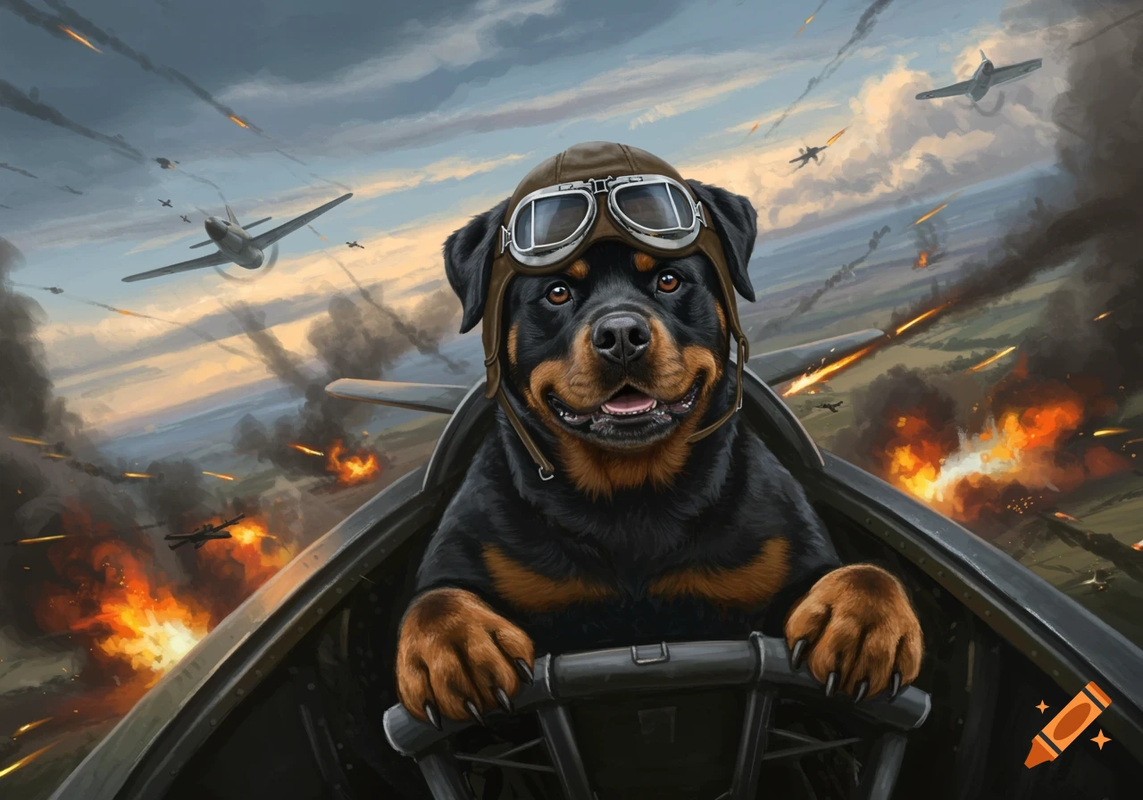 A rottweiler wearing an aviator's hat and goggles, flying a plane through a warzone with explosions and other planes.