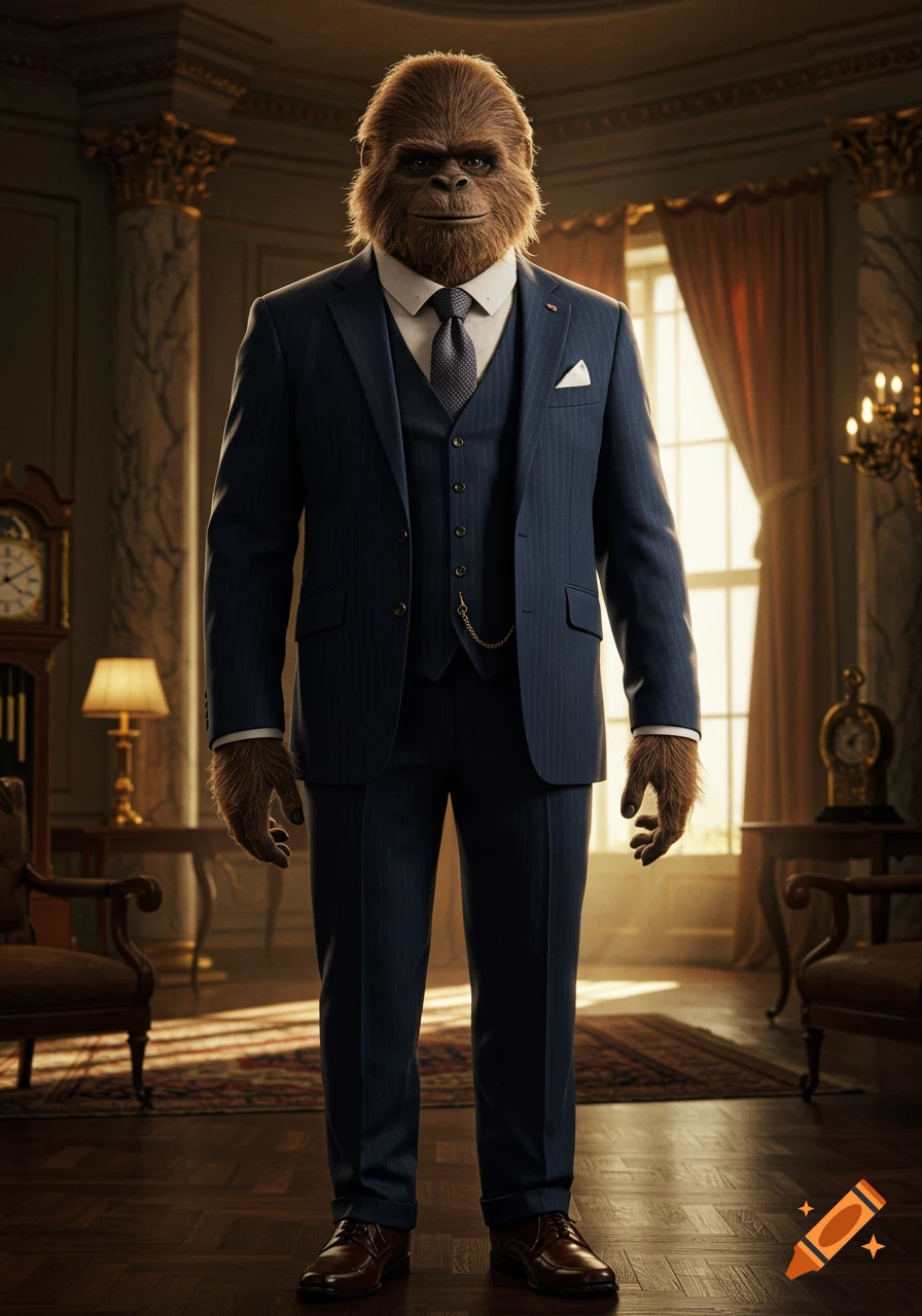 A photorealistic Sasquatch in a blue pinstripe three-piece suit stands in a grand, ornate room with tall windows.