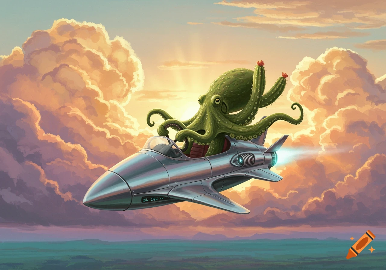 A whimsical illustration of a green cactus-octopus flying a silver jet airplane through a sky filled with golden clouds at sunset.