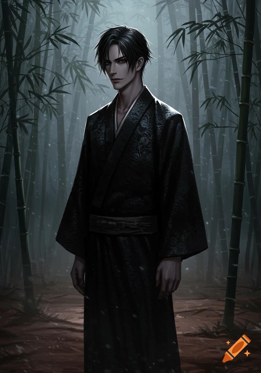 An anime-style dark-haired man in a black kimono stands in a shadowy bamboo forest.