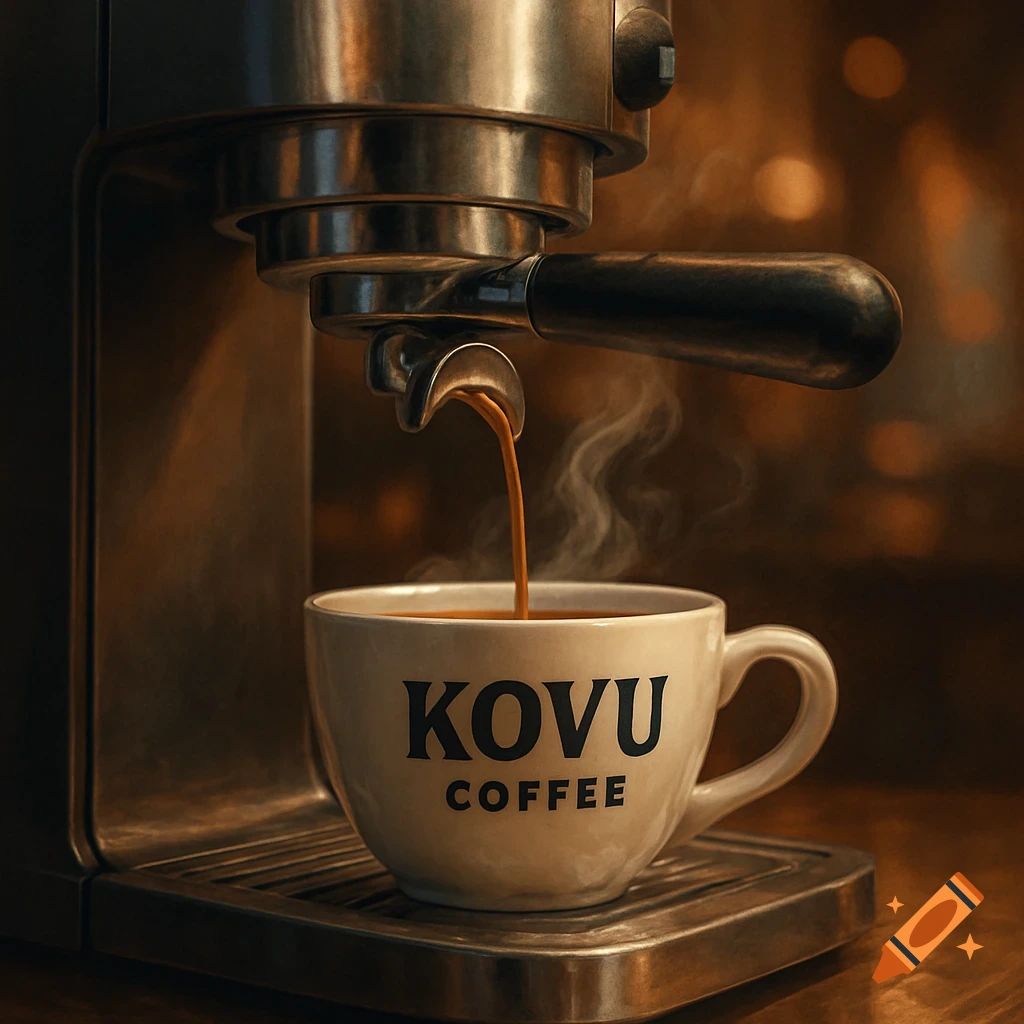 Close-up of a coffee machine pouring espresso into a white mug labeled 'KOVU COFFEE', with steam rising.