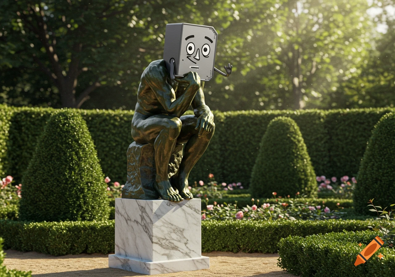 A bronze statue of The Thinker with a surprised cartoon Clippy head sits on a marble base in a sunny, manicured garden.