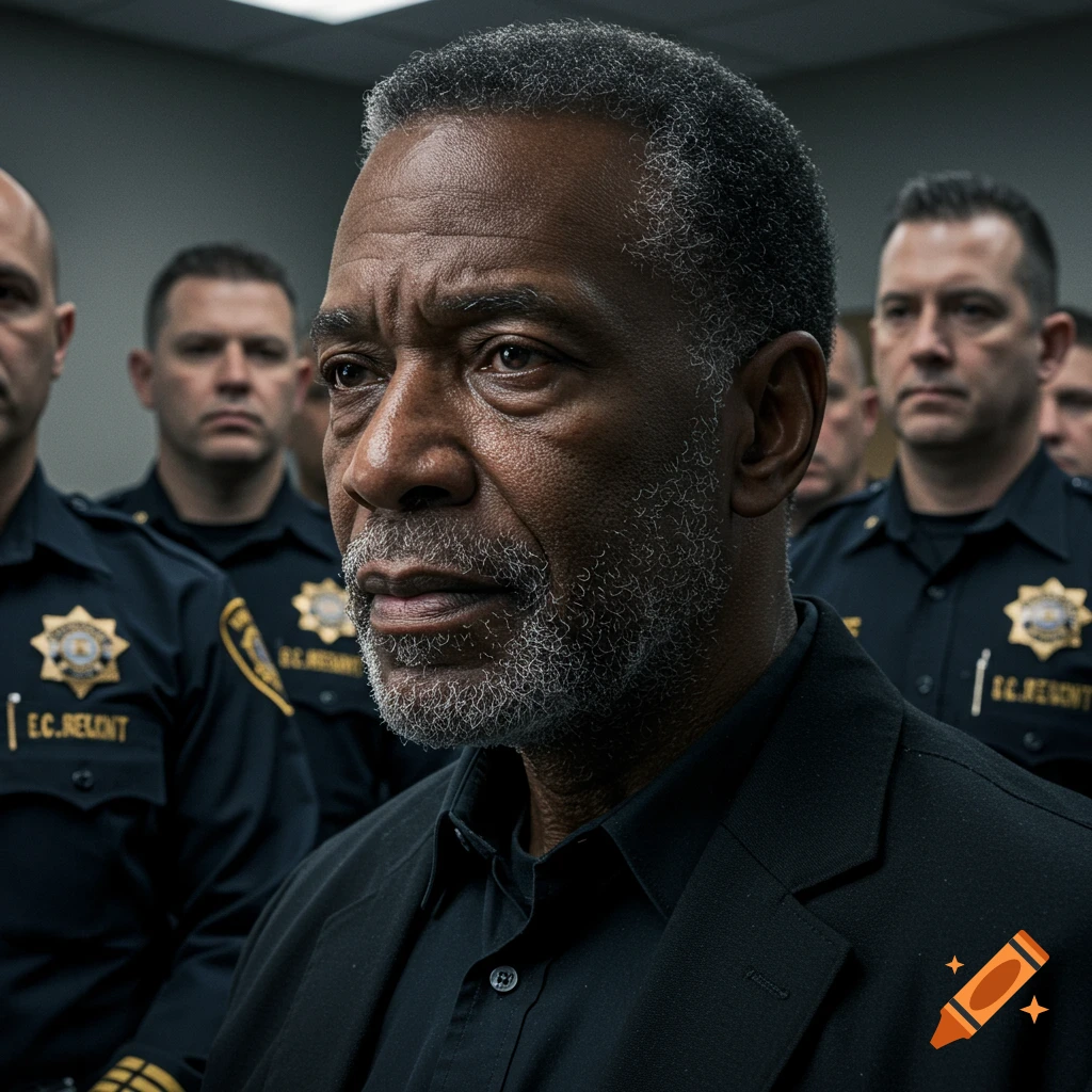 Close-up photorealistic portrait of an older Black man with a gray beard, looking serious, with uniformed officers in the background.