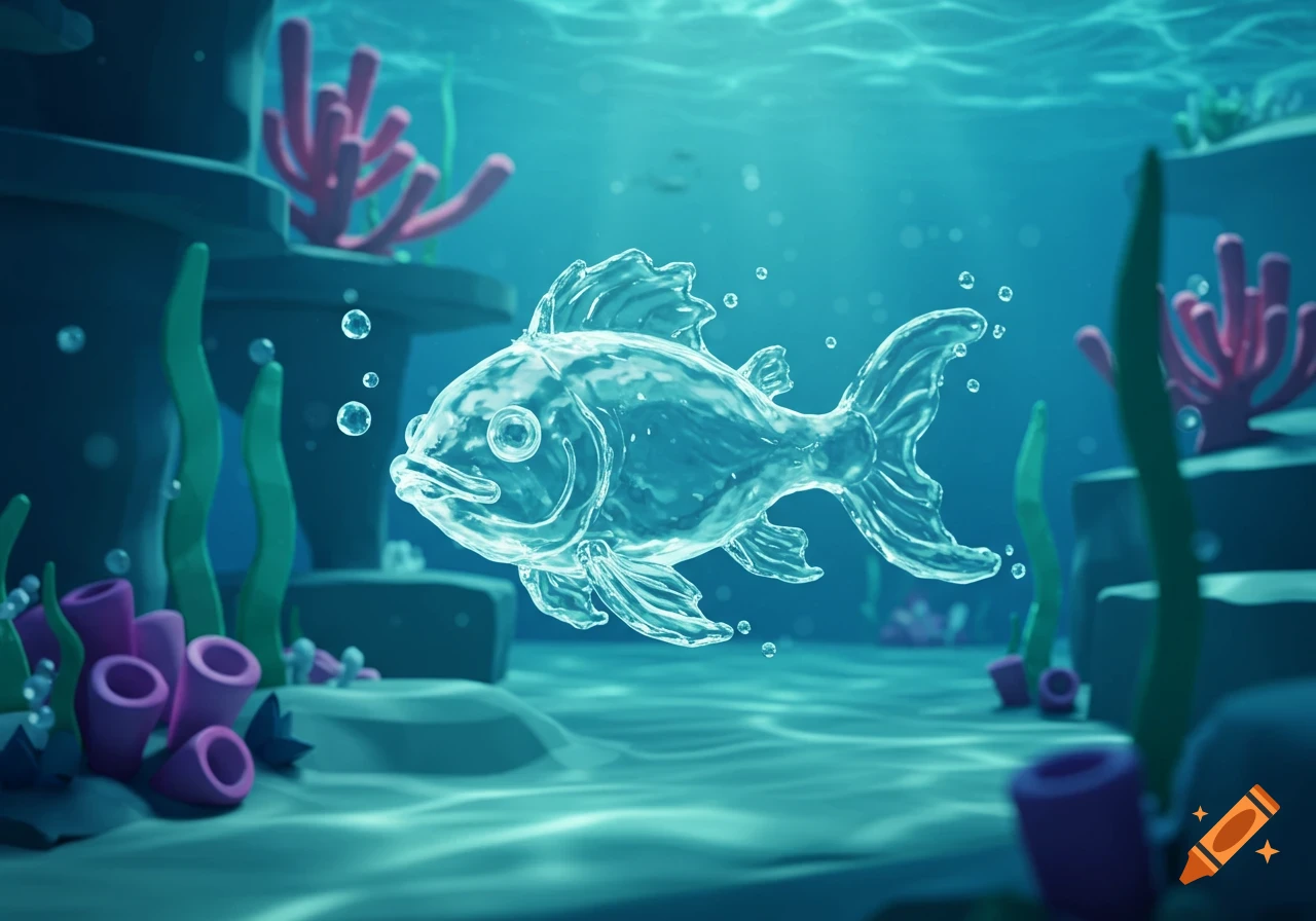 A clear, glass-like fish swims in a stylized underwater scene with coral and bubbles.