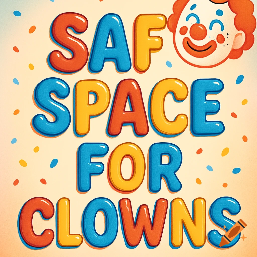 Colorful bubble letters spell 'SAFE SPACE FOR CLOWNS' with a happy clown face and confetti.