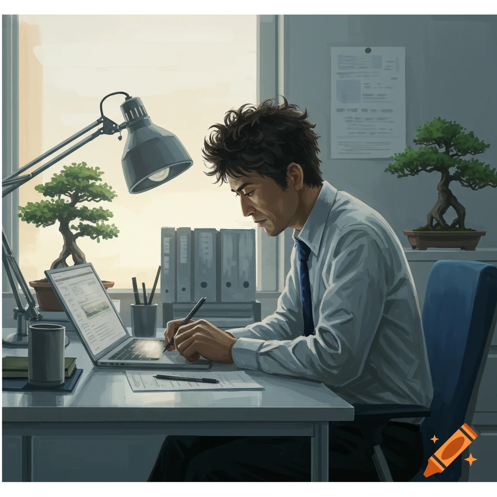A man with messy hair sits at an office desk, looking at a laptop and writing on paper with a pen. Bonsai trees are on the desk.