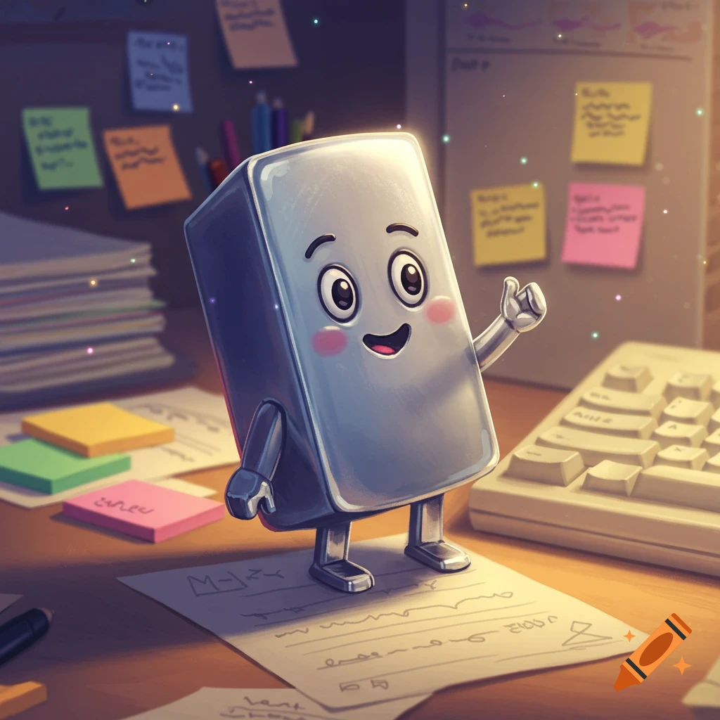 A cute, metallic cartoon character with a happy face gives a thumbs up on an office desk filled with papers and sticky notes.