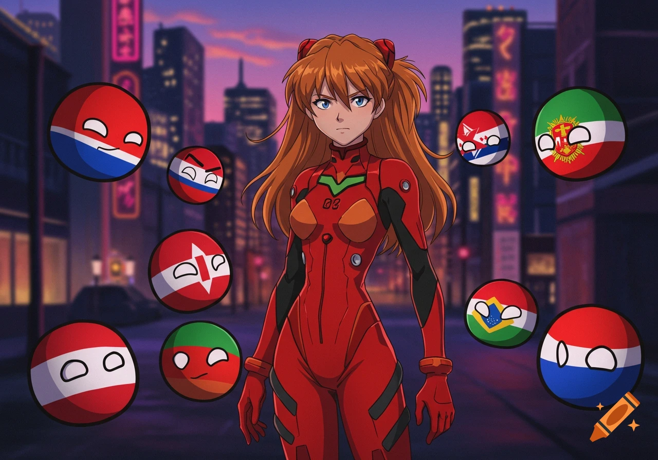 Anime character Asuka Langley Soryu in a red suit stands in a city at dusk, surrounded by various countryball characters.