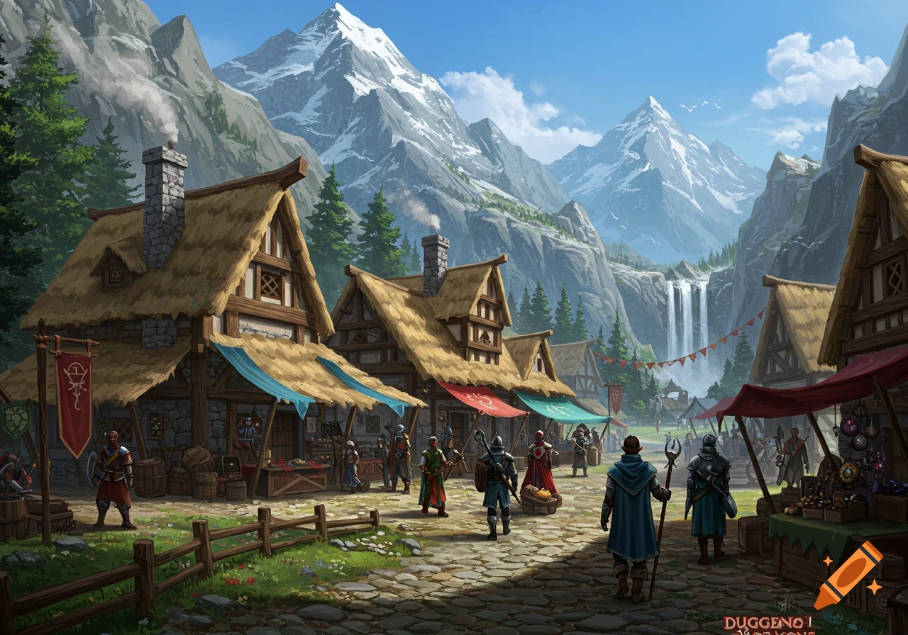 A fantasy mountain village with thatched-roof buildings, a waterfall, and people in medieval attire walking on a cobblestone street.