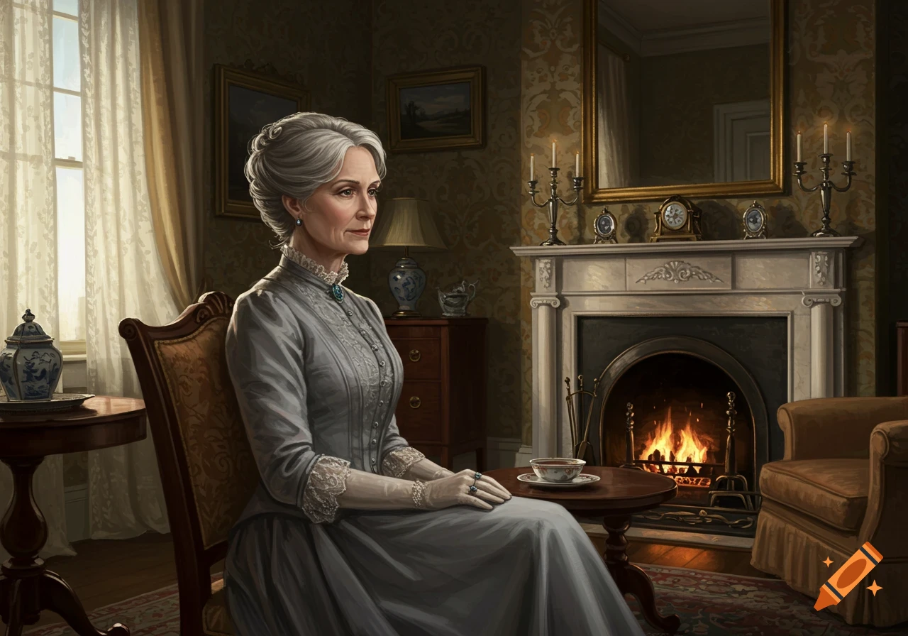 A dignified older woman with grey hair sits in a formal Victorian-era drawing-room, looking off to the side. A fireplace burns nearby.