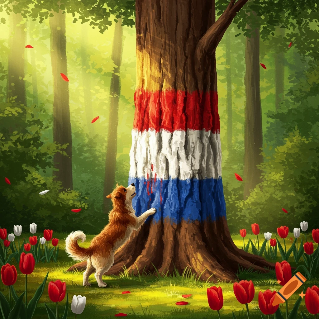 A brown and white dog stands on its hind legs, reaching up to a large tree trunk painted with red, white, and blue stripes, in a vibrant green forest with red and white tulips.