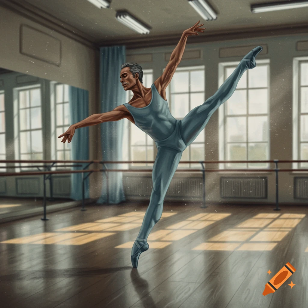 An illustrated older male ballet dancer in a leotard performing a graceful pose in a sunlit studio.