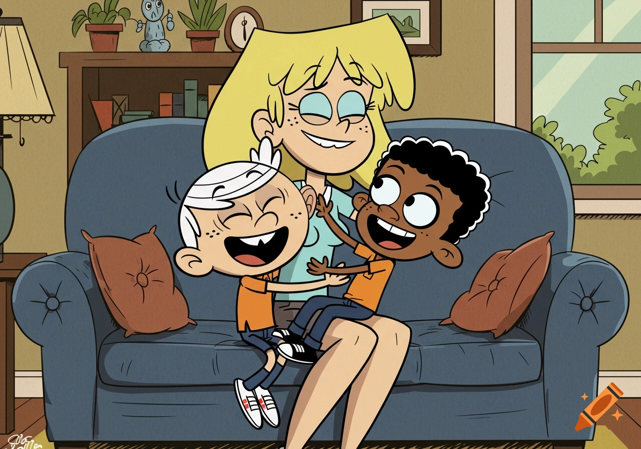 Cartoon of Lori Loud on a couch with Lincoln Loud and Clyde McBride on her lap, all three laughing in a living room.