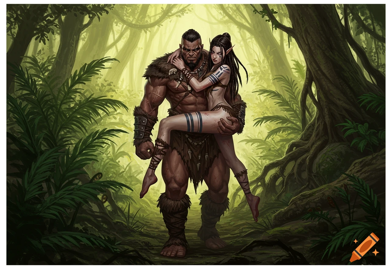 A muscular barbarian carries a long-haired elf woman with tattoos through a lush green jungle.