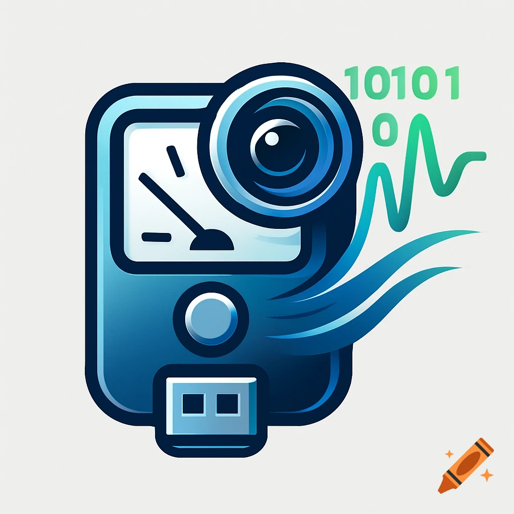 Blue stylized logo for a data processing device, featuring a camera, multimeter, USB, binary code, and waveform.