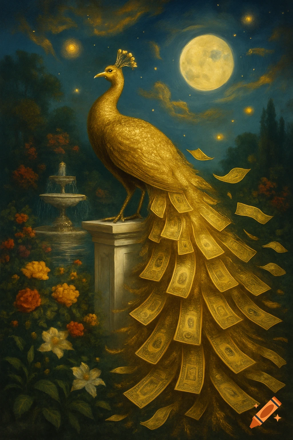 A golden peacock with a tail made of dollar bills stands on a pedestal in a lush, moonlit garden with a fountain and glowing flowers, in a painterly style.