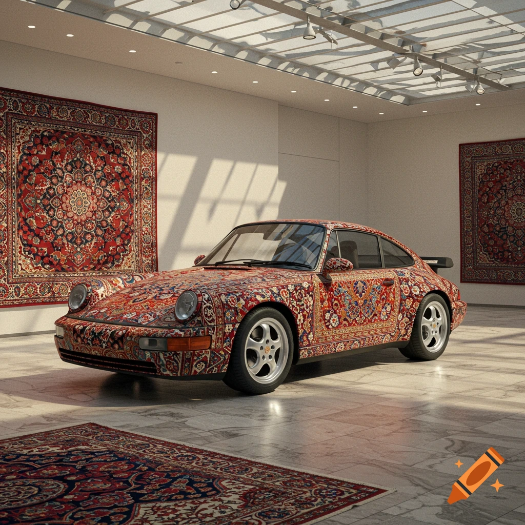 A photorealistic image of a vintage Porsche covered in a red Persian carpet pattern, displayed in a modern art gallery.
