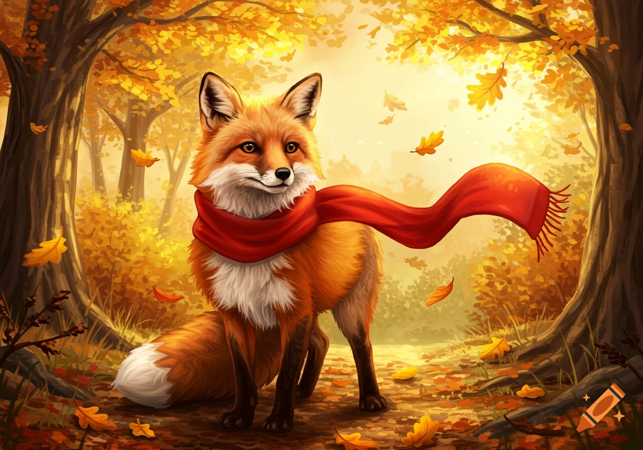 A cute fox wearing a red scarf stands in an autumn forest with golden leaves falling.