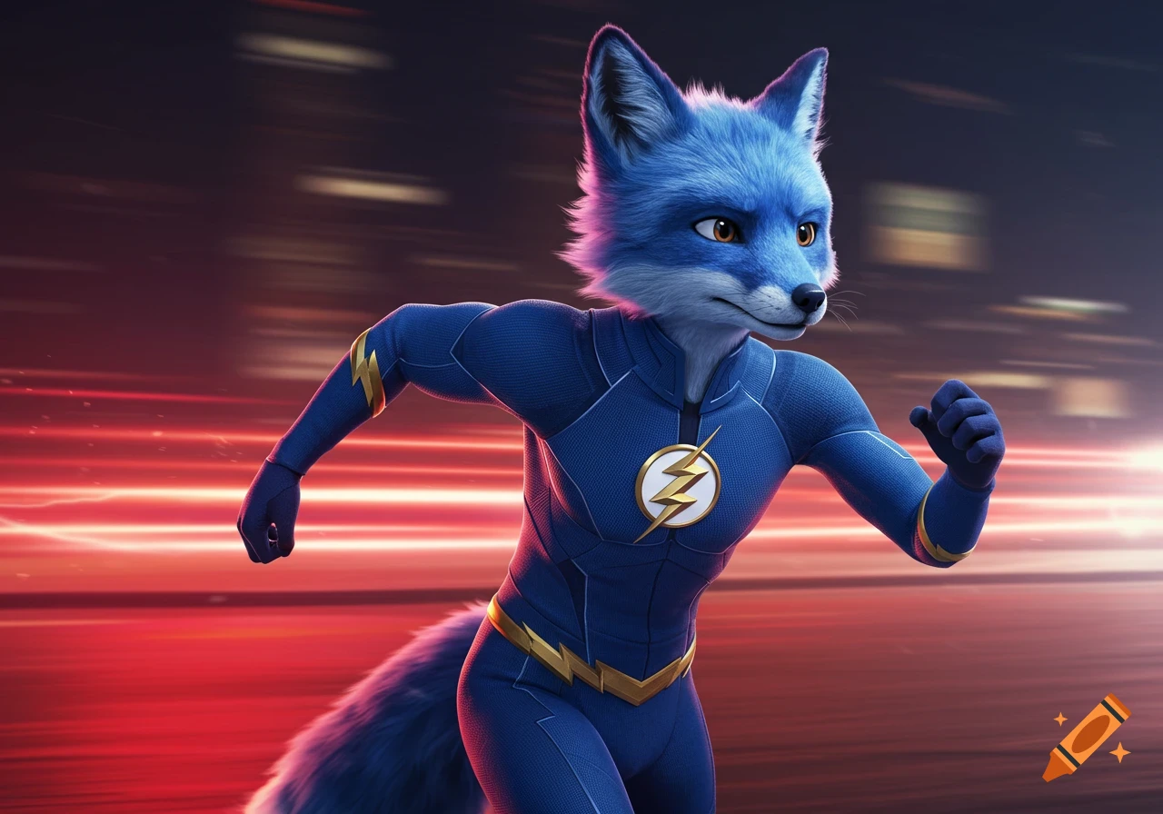 A blue anthropomorphic fox in a blue and gold superhero suit with a lightning bolt emblem, running at high speed.