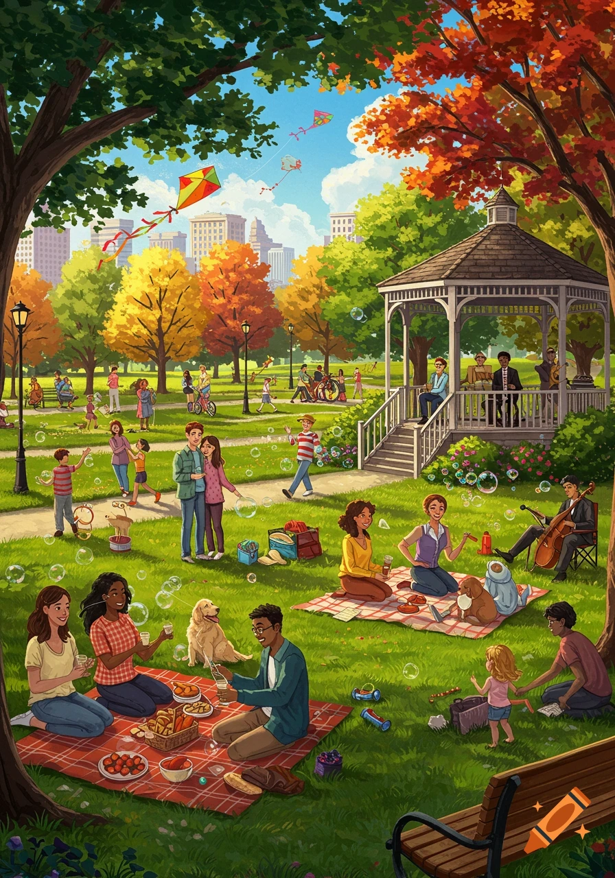 A vibrant illustrated park scene in autumn with people picnicking, flying kites, and enjoying outdoor activities by a gazebo and city skyline.