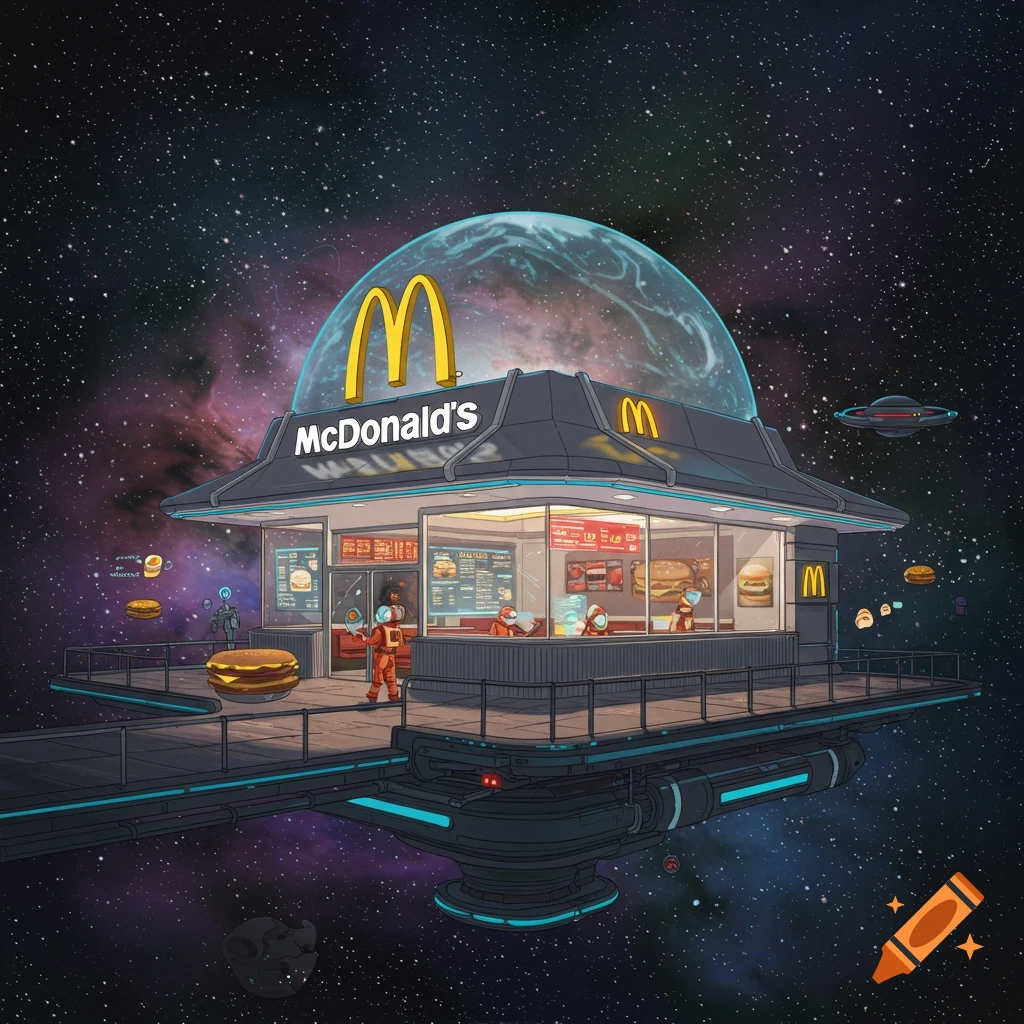 A vibrant illustration of a McDonald's restaurant floating in space with astronauts, aliens, floating burgers, and a UFO.