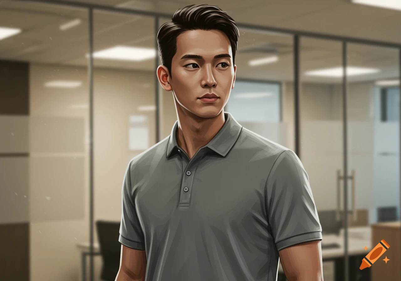 A young man in a grey polo shirt looks right in an office setting, digital art style.