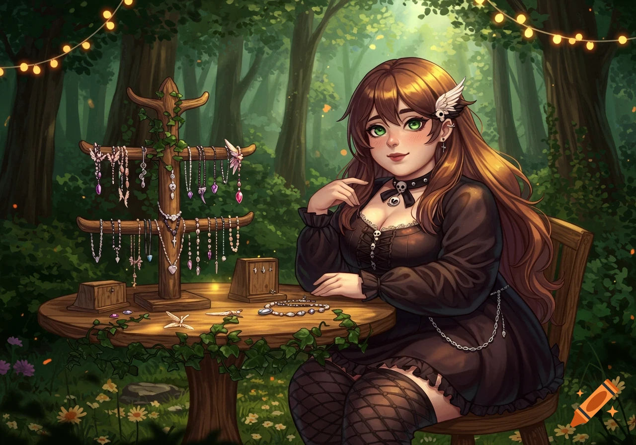 An anime girl with brown hair and green eyes sits at a wooden stand displaying fairy jewelry in an enchanted forest with string lights.