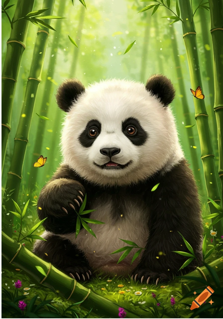 A cute panda sits in a vibrant bamboo forest, surrounded by green leaves and small flowers, with butterflies fluttering.