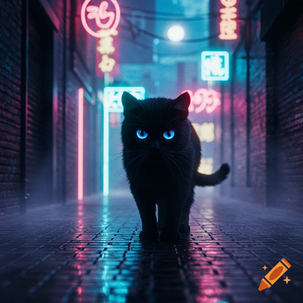 A black cat with glowing blue eyes walks down a wet, neon-lit urban alleyway.