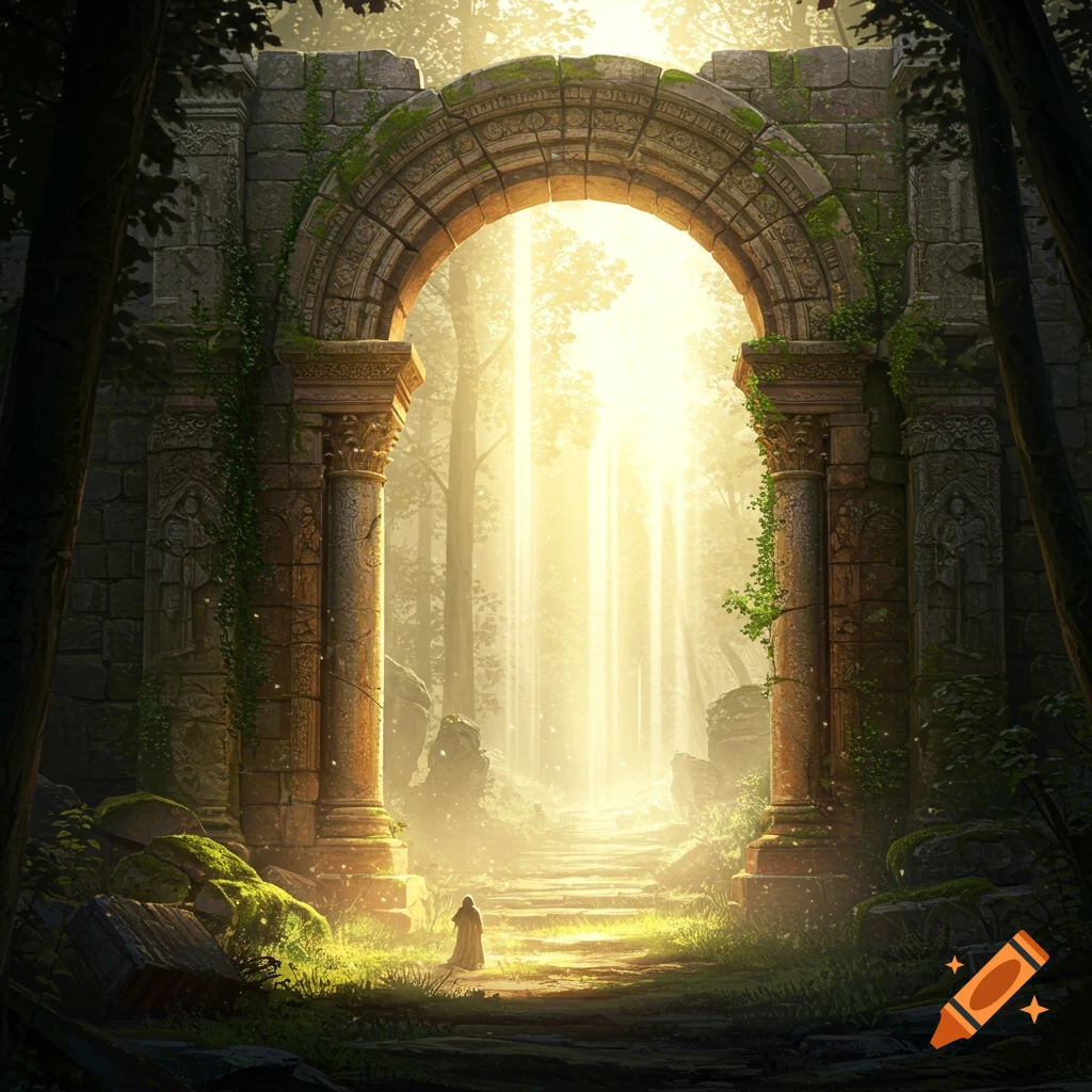 Ancient stone archway covered in moss in a sunlit forest, with a small robed figure walking towards bright light.