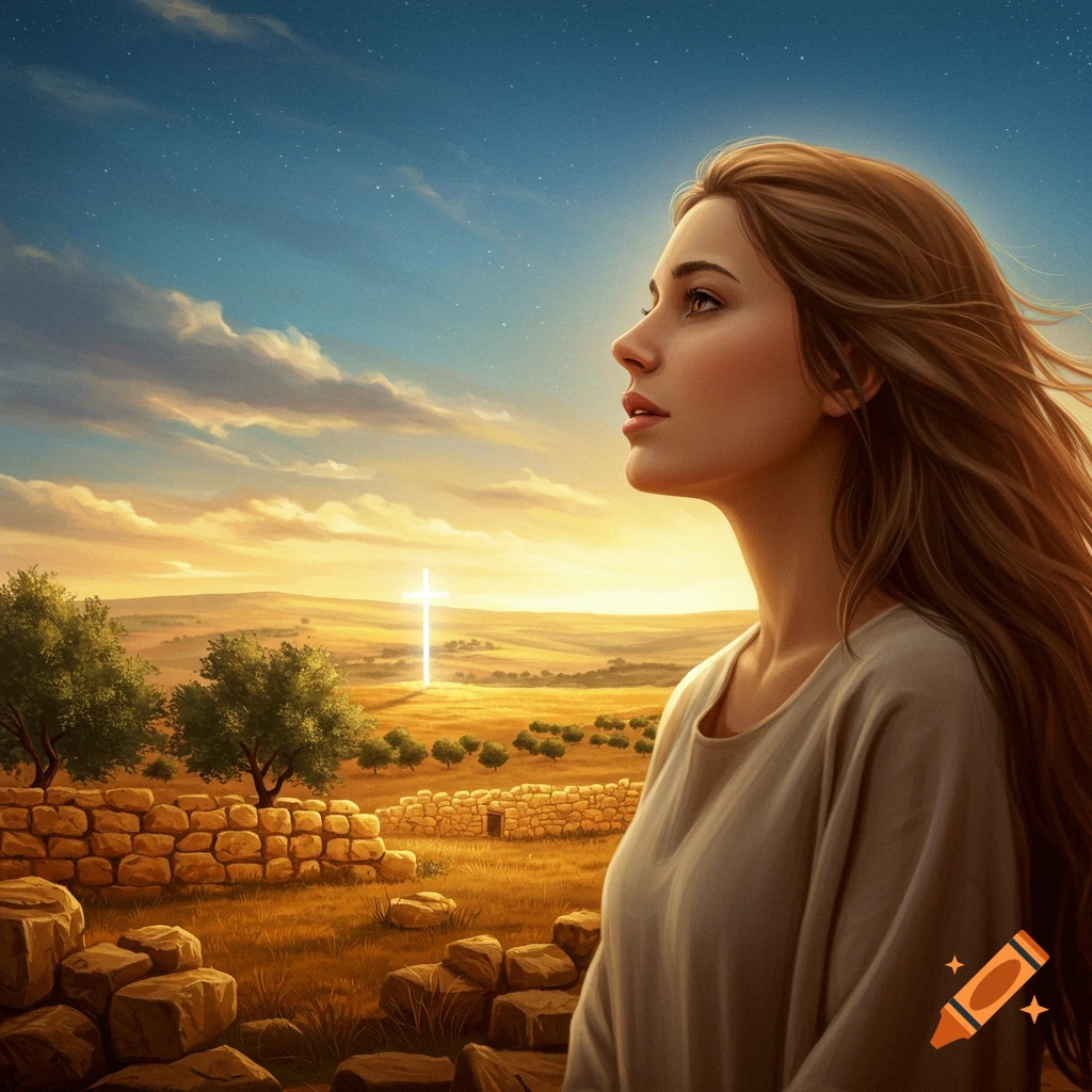 A young woman gazes upward in a golden landscape with stone walls, trees, and a distant glowing white cross under a starry sky.