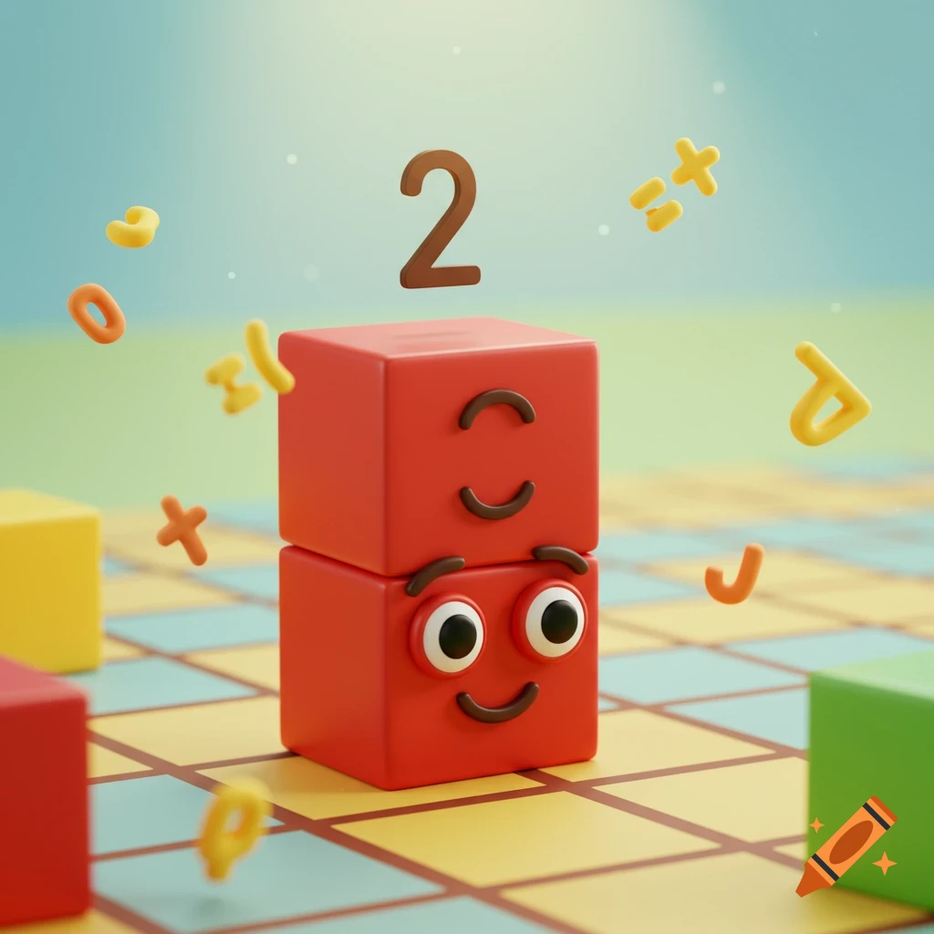 Two red cartoon blocks stacked with faces, a large '2' floating above, and other numbers/symbols scattered on a checkered floor.