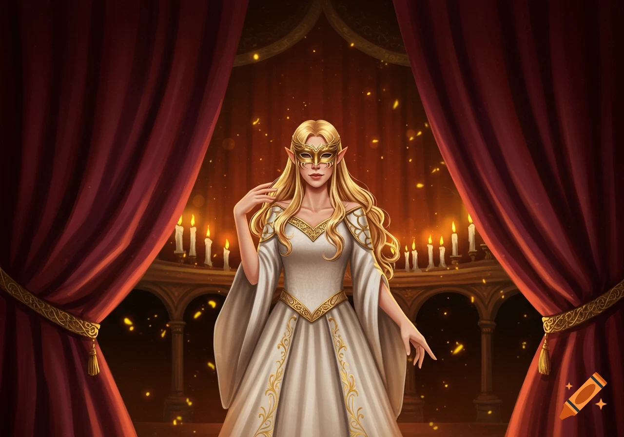 An elven woman with long blonde hair and a gold mask stands on a medieval stage with burgundy curtains, wearing a white and gold dress, in a digital art style.