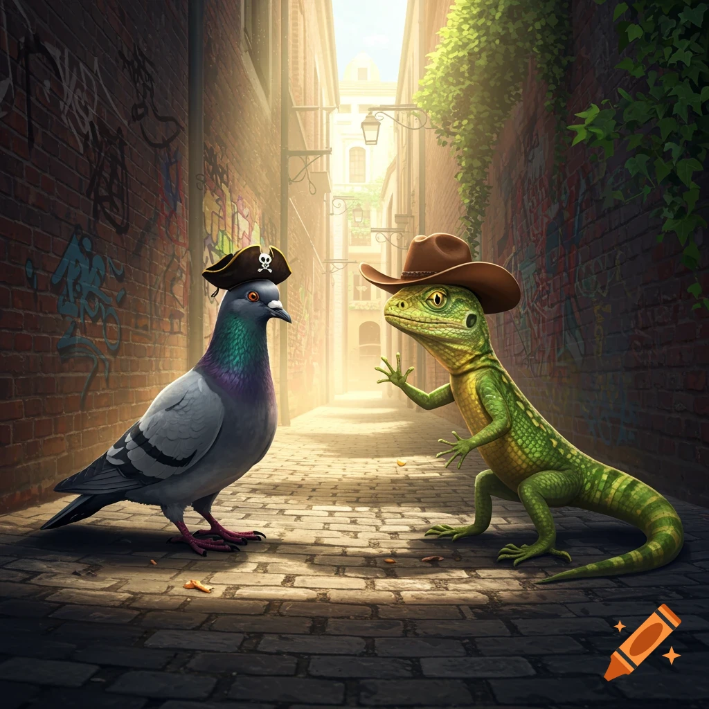 An anthropomorphic pigeon in a pirate hat and a lizard in a cowboy hat face each other in a sunlit brick alley with graffiti.