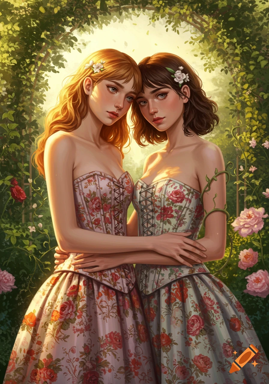 Two young women in strapless floral dresses embrace under a sunlit garden archway, digital art.