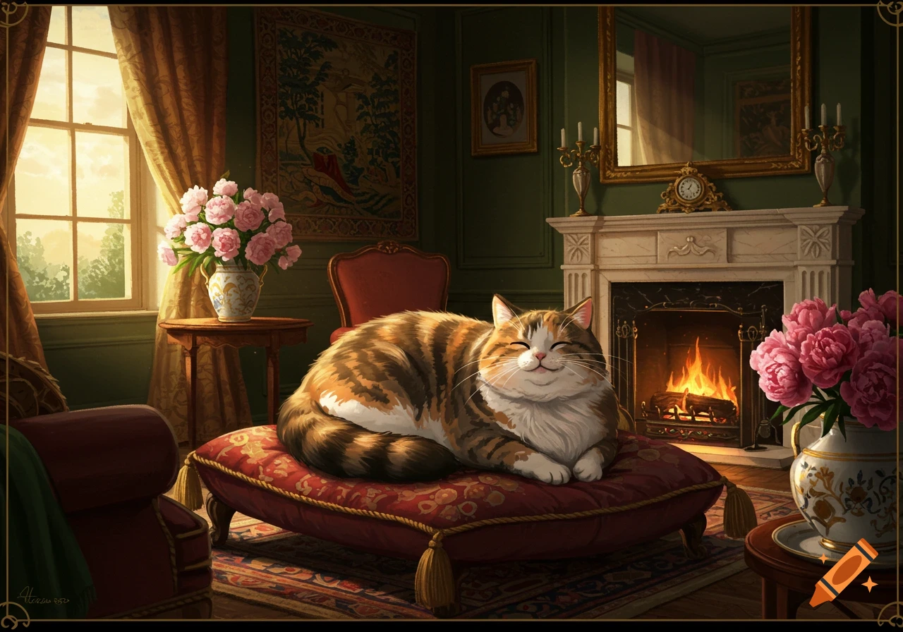 A plump, smiling tabby cat rests on a red cushion in an elegant, cozy room with a fireplace, a large window, and pink flowers.