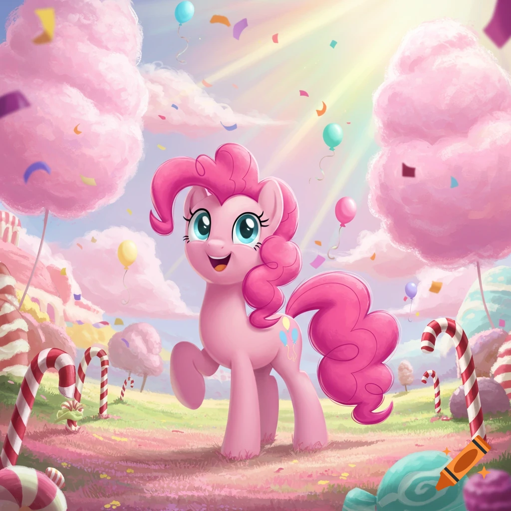 Pinkie Pie, a smiling pink pony, stands in a vibrant candy land with cotton candy trees and candy canes under a sunny sky.
