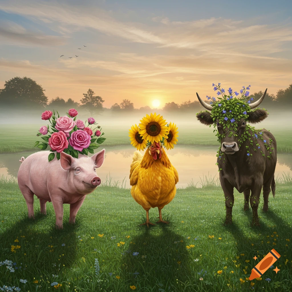 A pig with pink roses, a chicken with sunflowers, and a cow with blue flowers stand in a misty field at sunset by a lake.