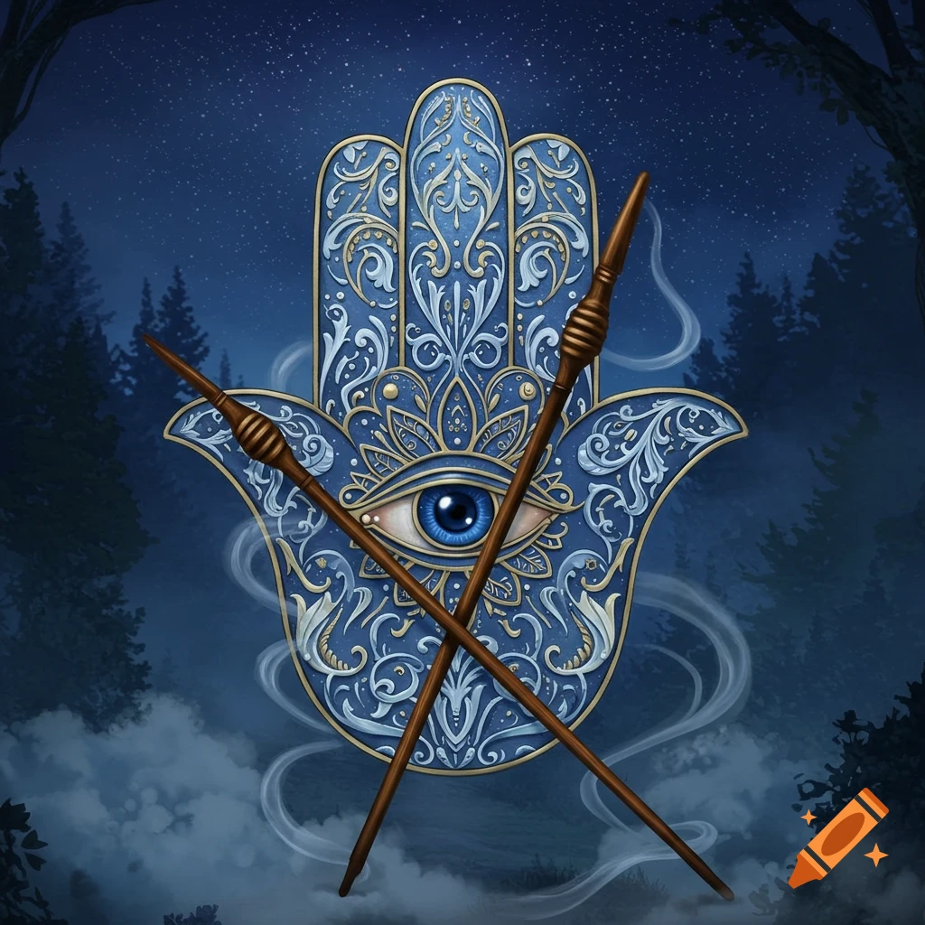 A blue Hamsa hand with intricate gold and white filigree patterns and a prominent blue eye, crossed by two brown dowsing rods, against a dark blue forest and starry sky.