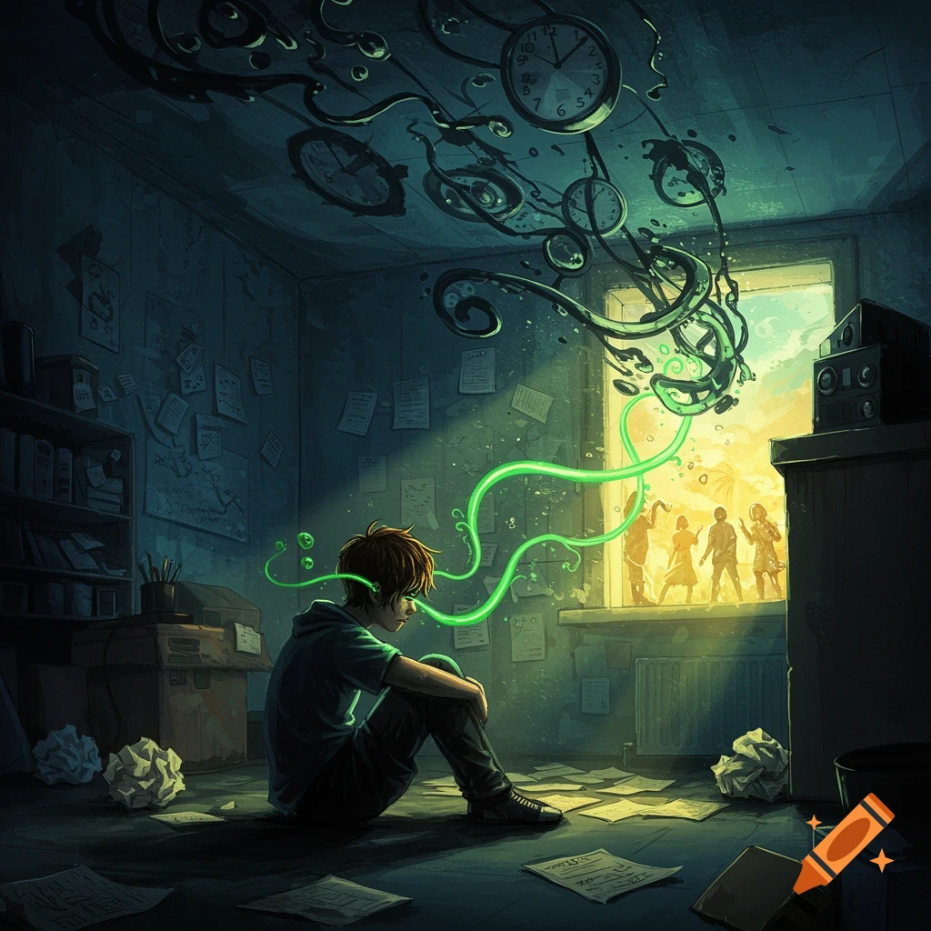 A lonely boy sits on the floor in a dark, messy room, looking towards a bright window where children play. Green tendrils emerge from his head.