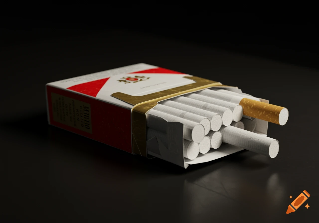 A photorealistic close-up of an open pack of cigarettes on a dark surface, with one cigarette partially pulled out.