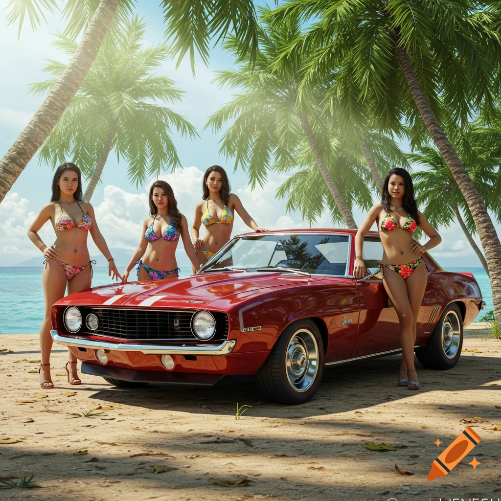 Four women in bikinis pose around a red 1969 Chevy Camaro on a sandy beach with palm trees and ocean in the background, in a photorealistic style.