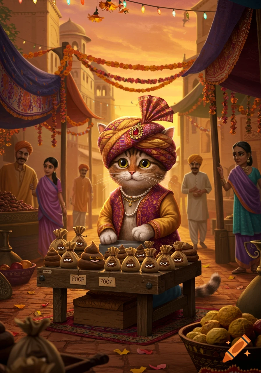 A cute, cartoonish cat in a turban sells bags of stylized poop at a vibrant Indian market stall.