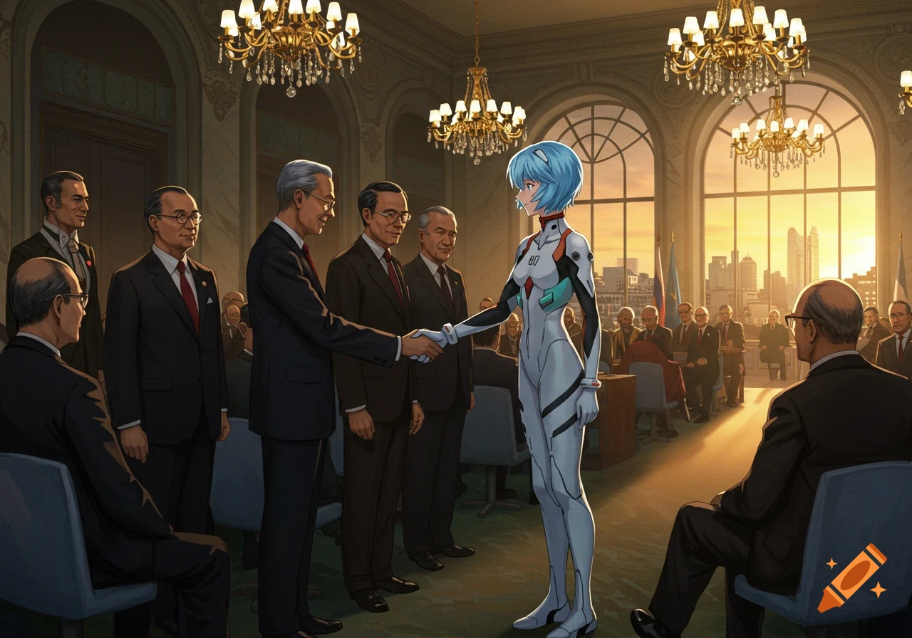 Rei Ayanami in a white plugsuit shakes hands with a suited man in a grand hall with chandeliers and large windows.