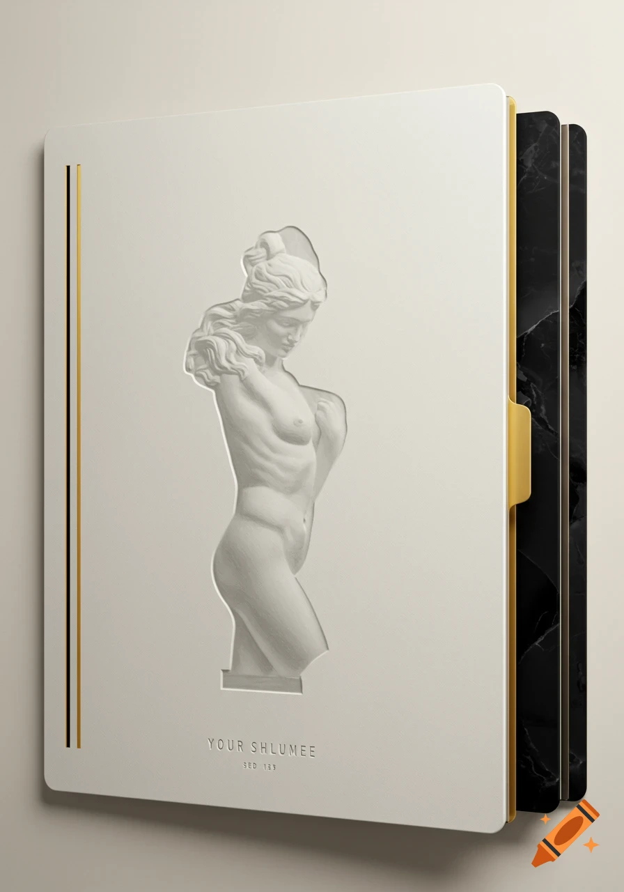 Minimalist folder with an embossed white classical female torso sculpture and black marble pages.