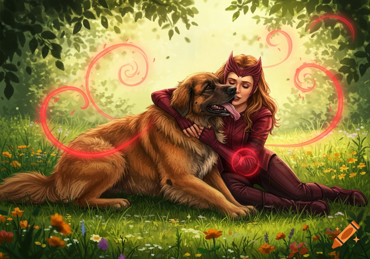 A stylized digital painting of Scarlet Witch hugging a large brown Leonberger dog in a sunny, green field with wildflowers and trees, surrounded by red magical swirls.