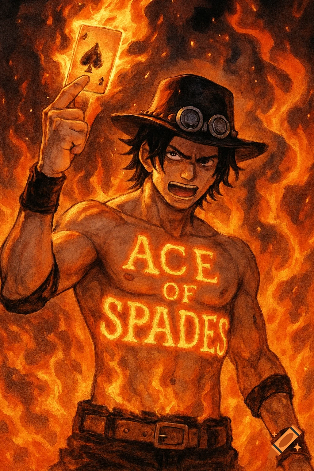 Illustration of Portgas D. Ace from One Piece, shirtless with 'ACE OF SPADES' glowing on his chest, holding a fiery Ace of Spades card amidst flames.