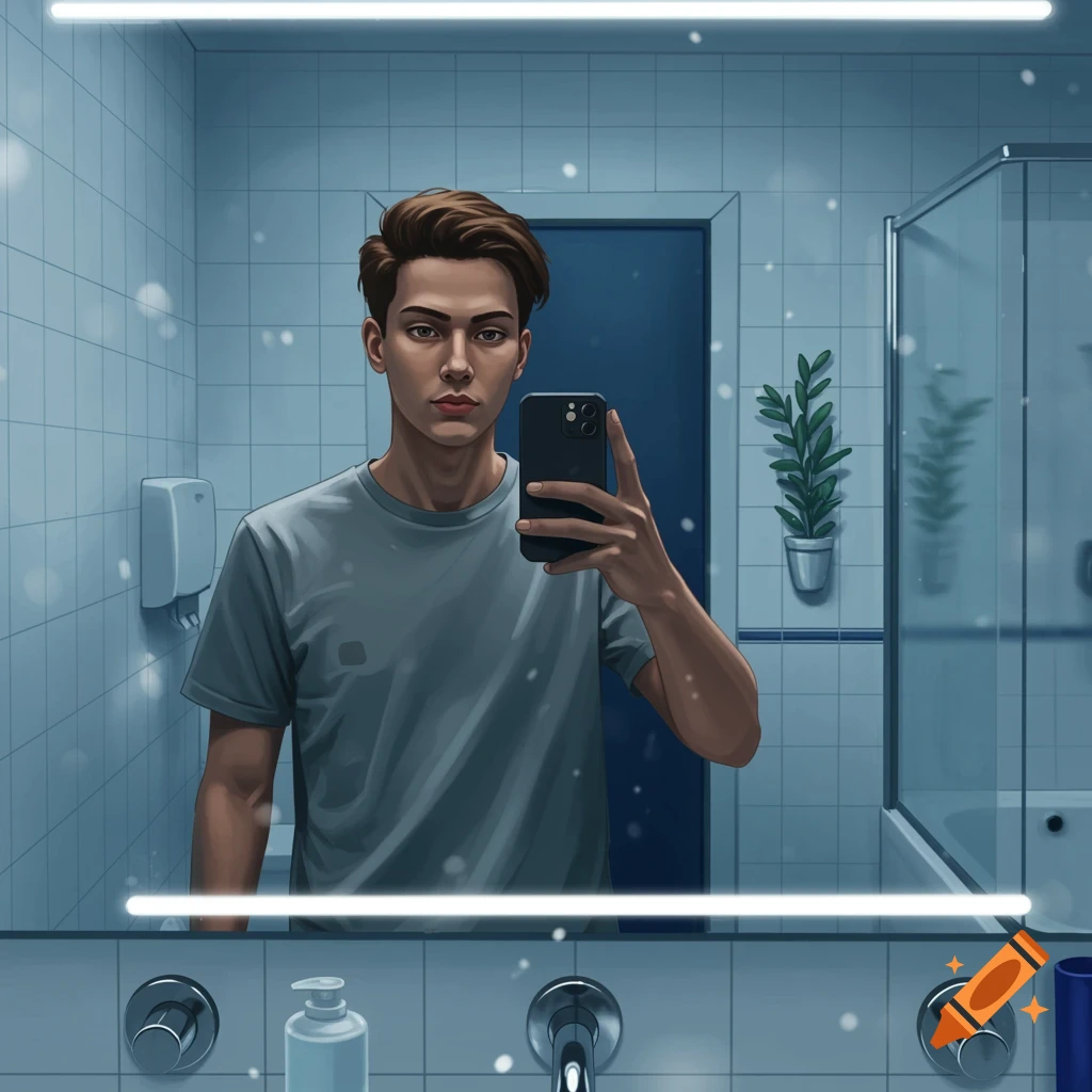 An illustrated portrait of a young man taking a mirror selfie in a modern blue-tiled bathroom.