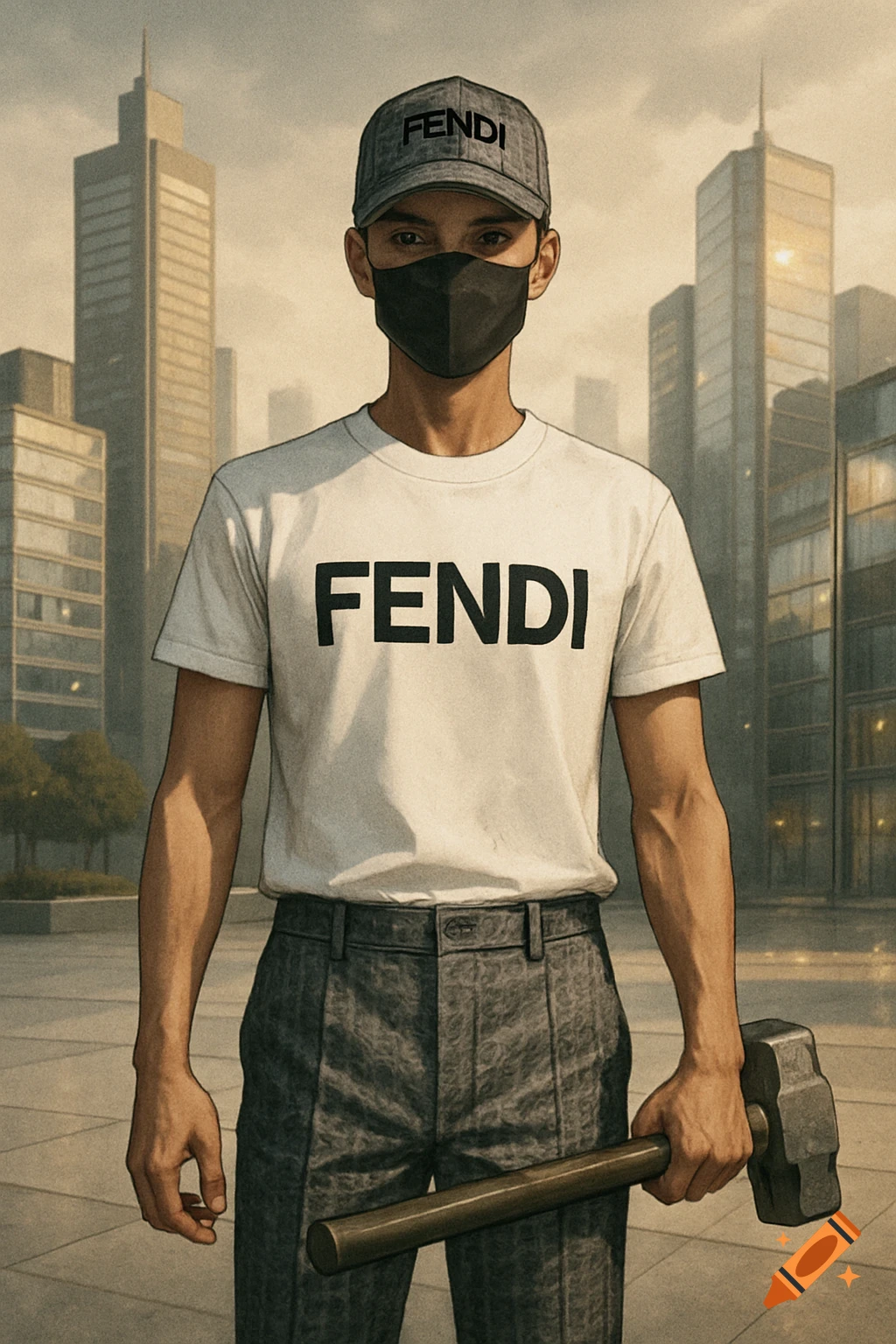 A person wearing a Fendi t-shirt and cap, a black face mask, and gray pants, holding a hammer in an urban setting.